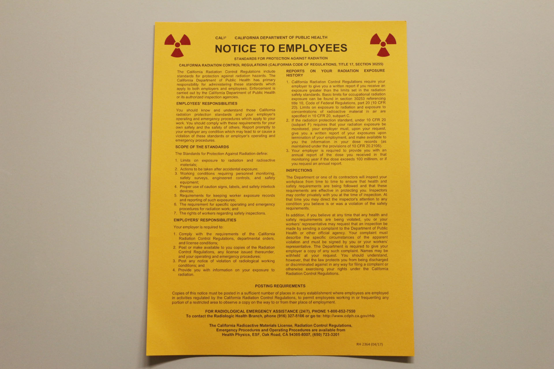Notice to Employees Standards for Protection against Radiation