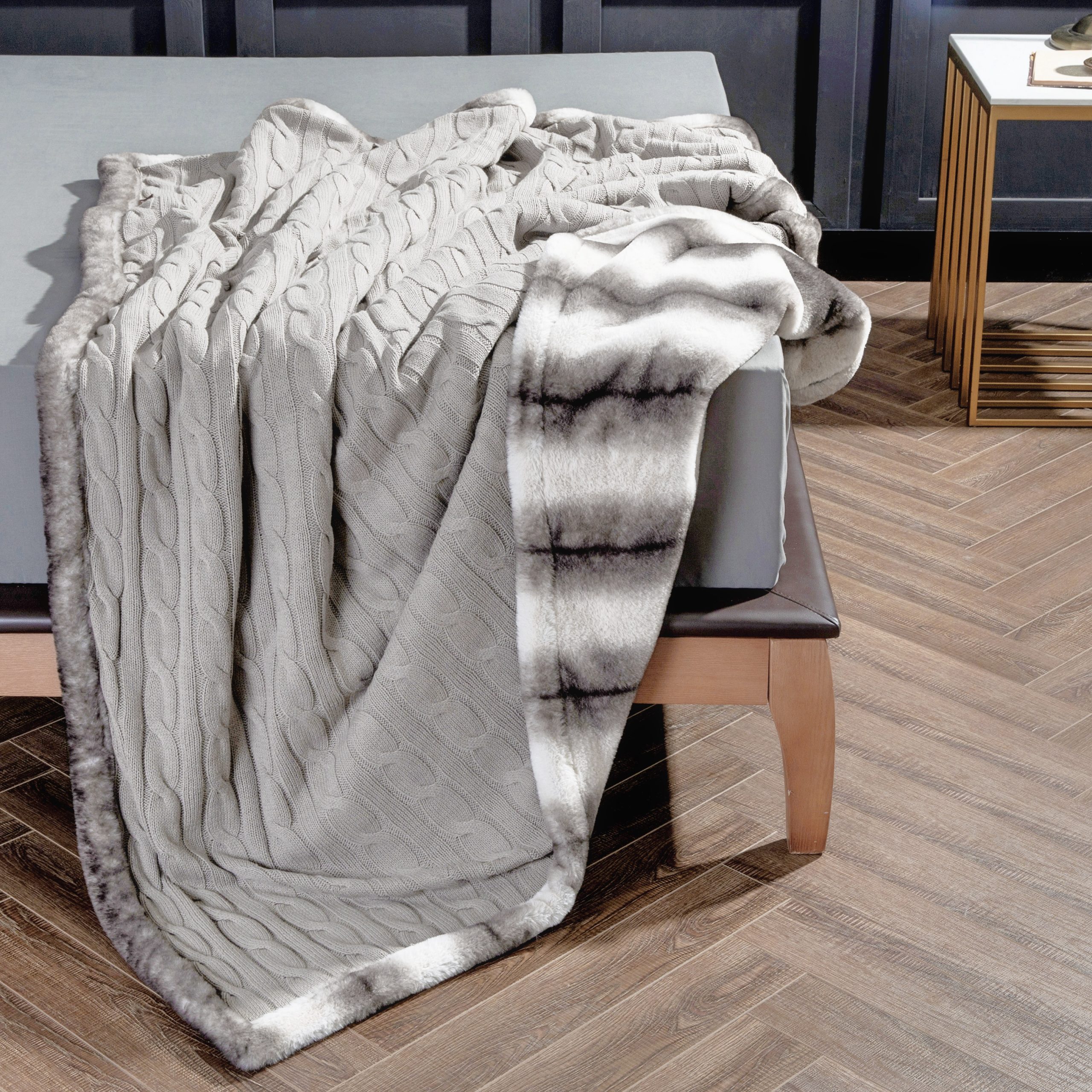 Cable Knit And Faux Fur Blanket Classical Cable Knit Reversible Faux Fur Throw Blanket, Sweater Knitted