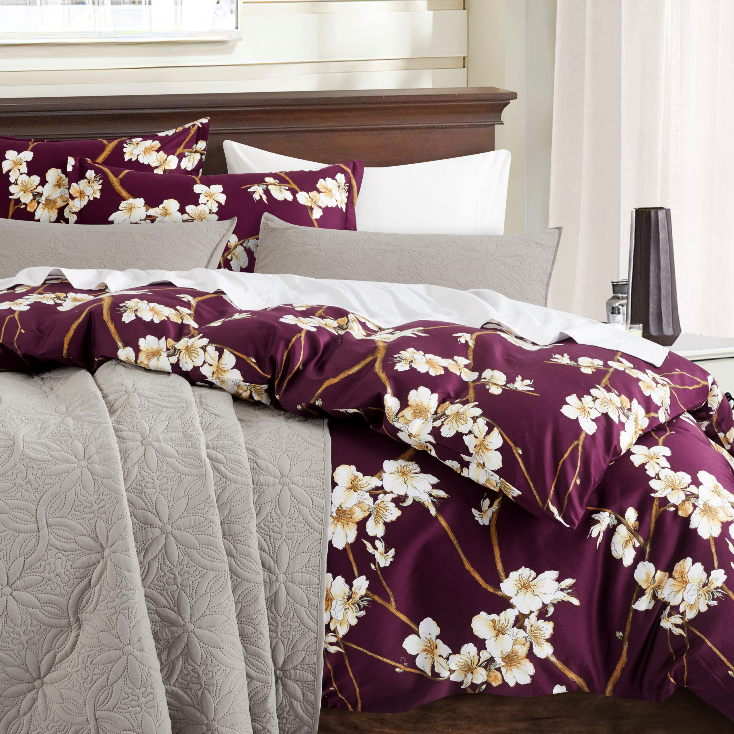 Almond Blossom Print Bedding 400tc Cotton Sateen Asian Inspired Scarf