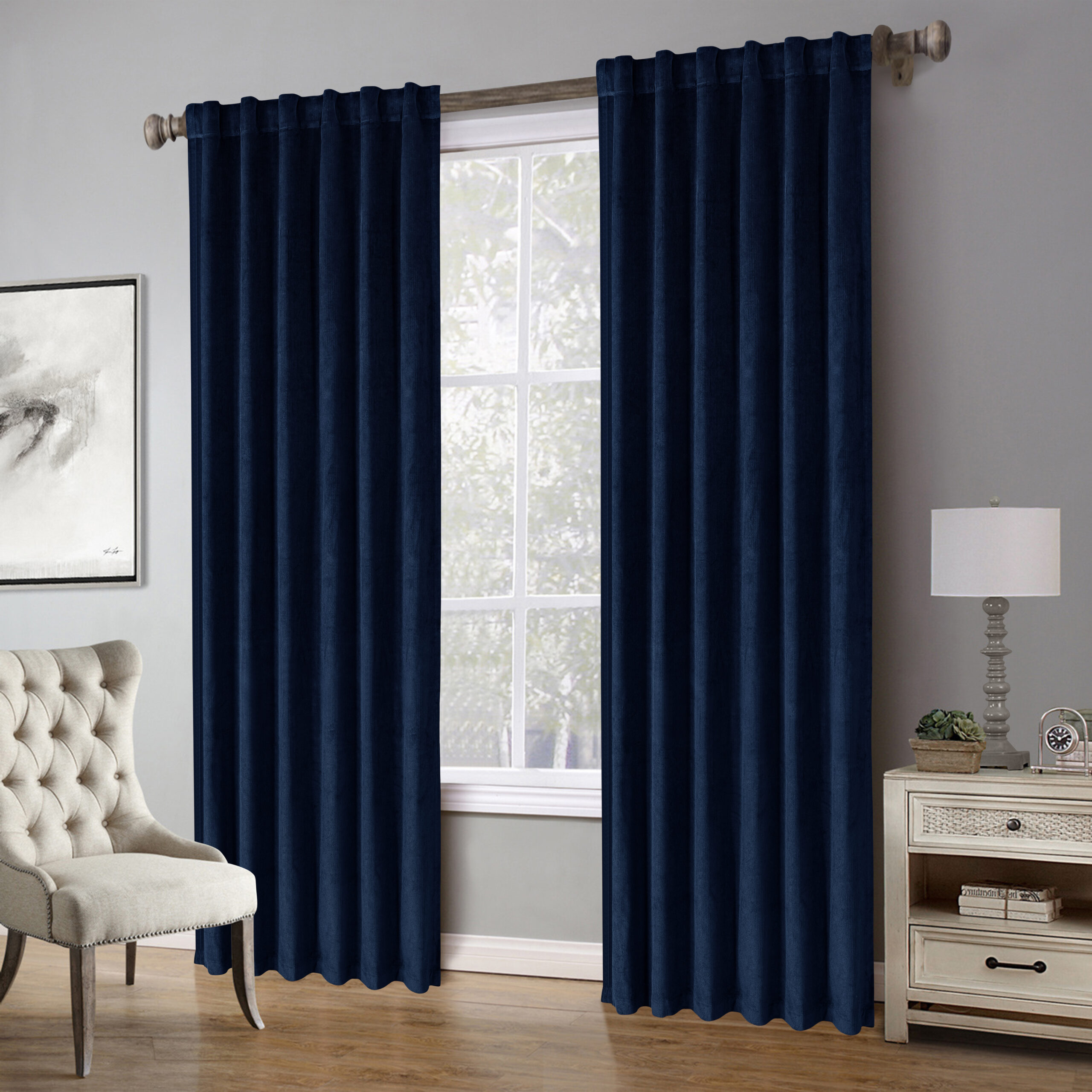 Corduroy Velvet Cotton Luxury Window Curtains 2pc Set Navy Blue [eikei]