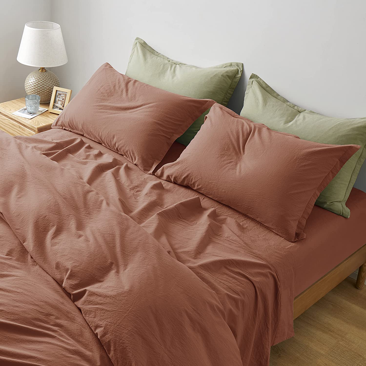 Washed Cotton Chambray Fitted Sheet Set Solid Color Casual Modern Style