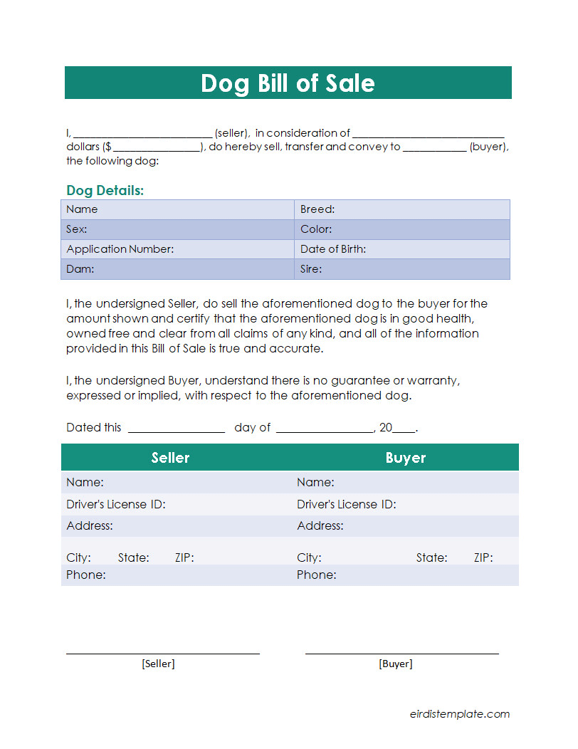 Free Printable Dog Bill of Sale Template