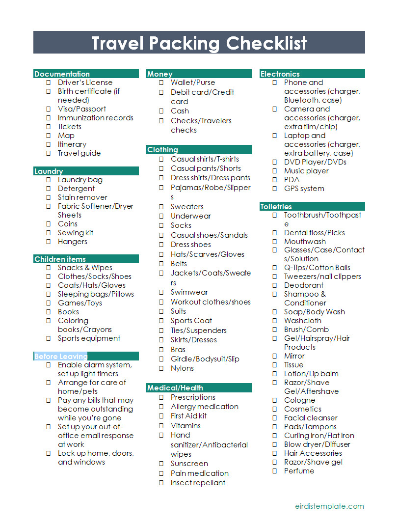 Printable Travel Packing Checklist Template