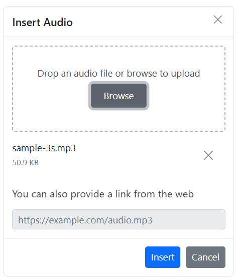 Audio in EJ2 JavaScript Rich text editor control Syncfusion