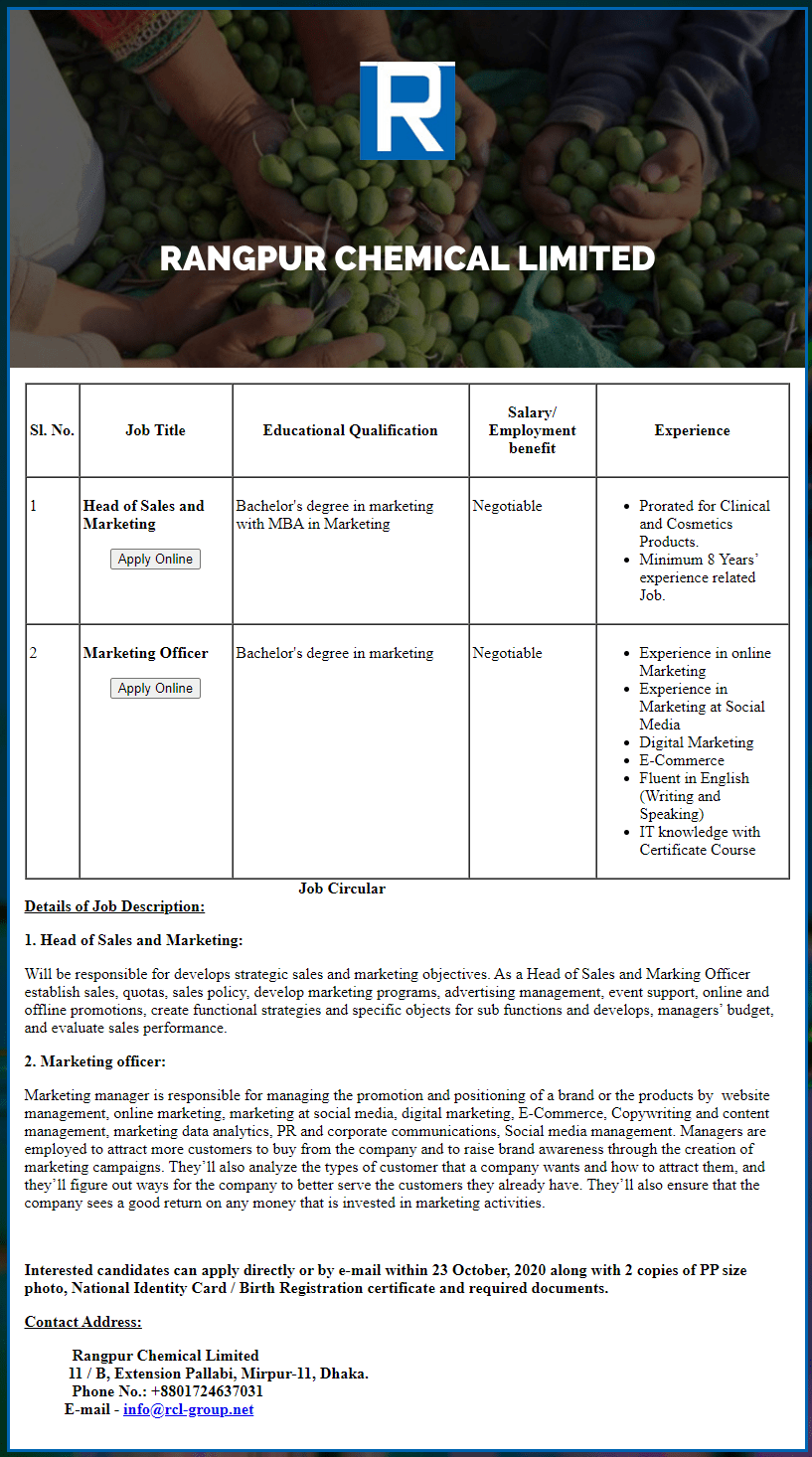 Rangpur Chemical Ltd Job Circular