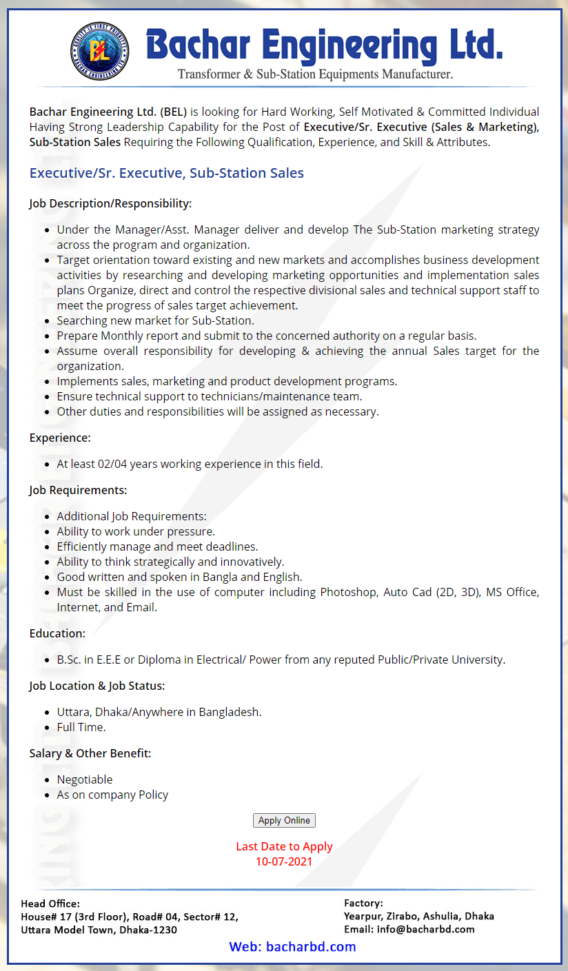 Bachar Engineering Ltd Job Circular 2021