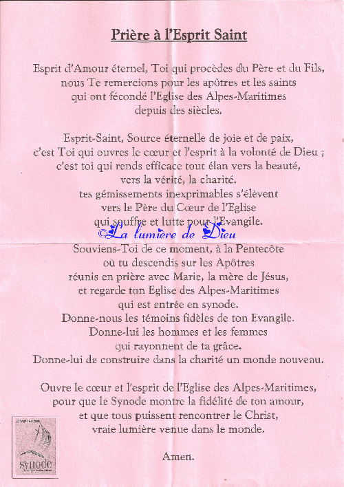 Prière à l'Esprit Saint (Église des Alpes Maritimes) La lumière de Dieu