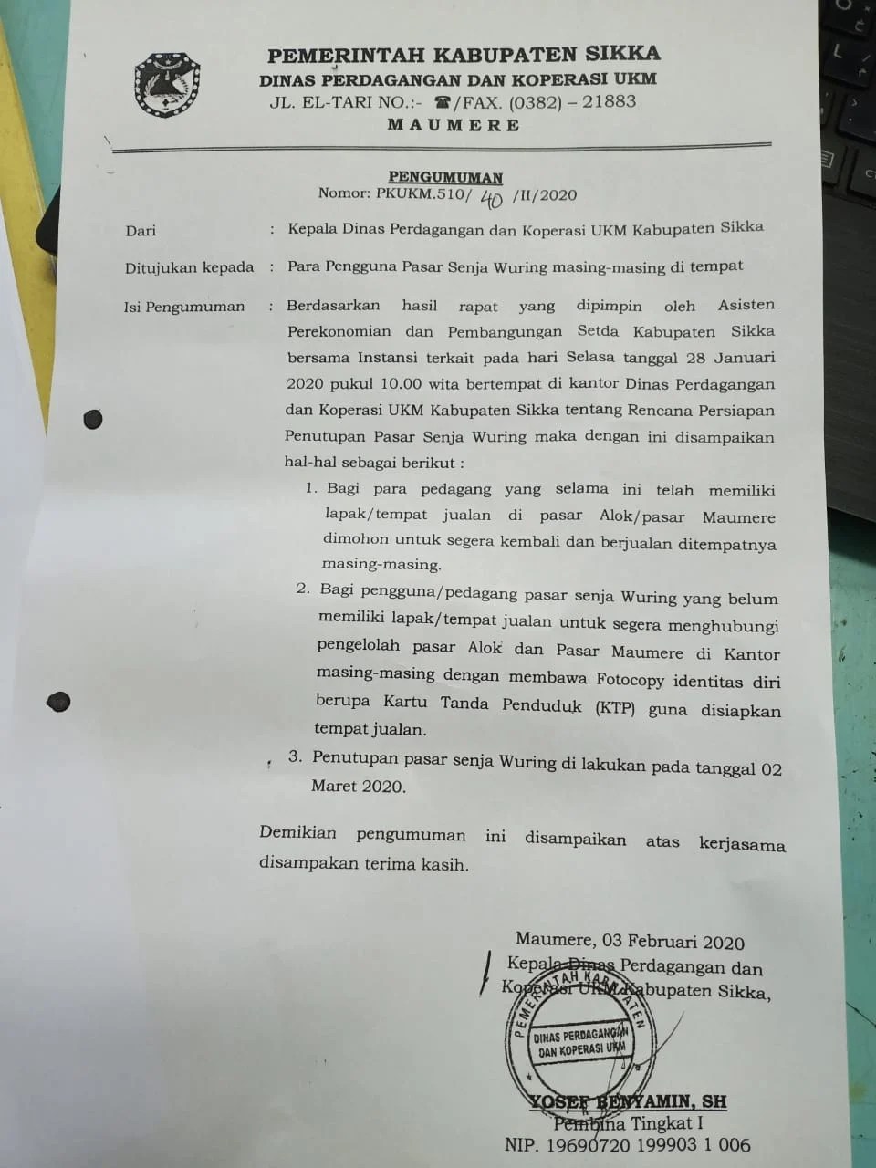 Pasar Senja Wuring Akan Ditutup, Berikut Pengumuman Lengkap Pemda Sikka