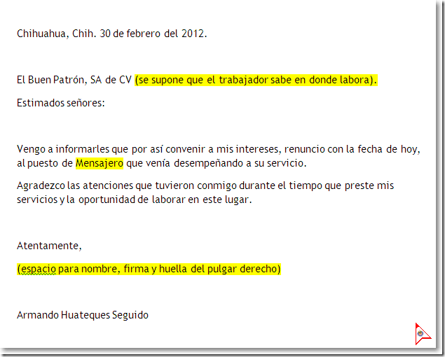 Carta renuncia empleado. Ejemplo, formato, machote. El Conta punto com
