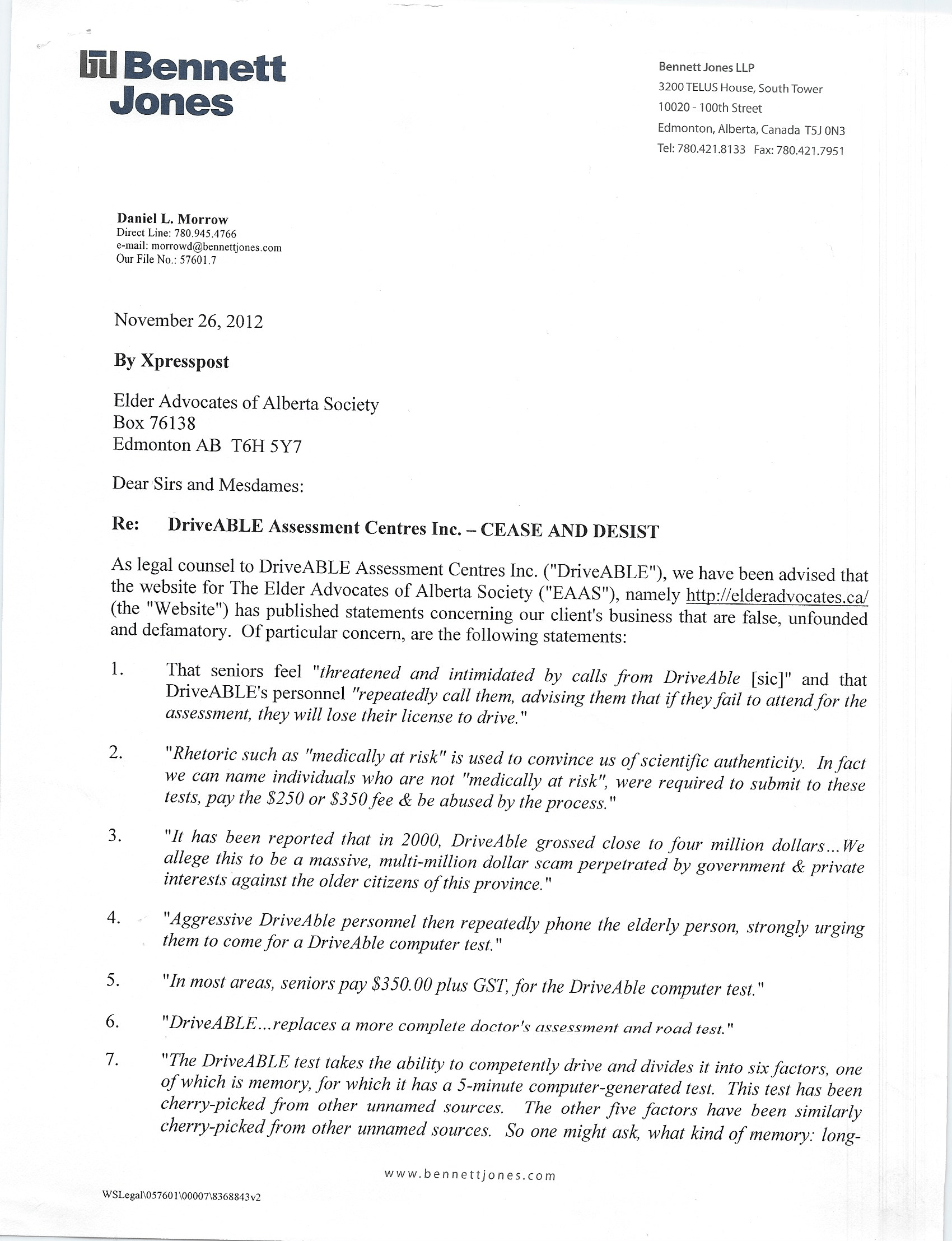DriveABLE Cease and Desist Elder Advocates Of Alberta Society