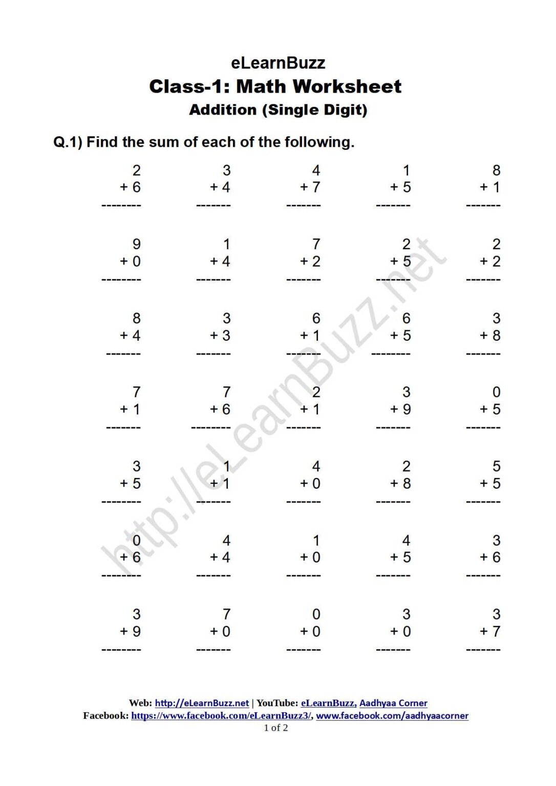 Single Digit Addition Worksheet for Class1 eLearnBuzz