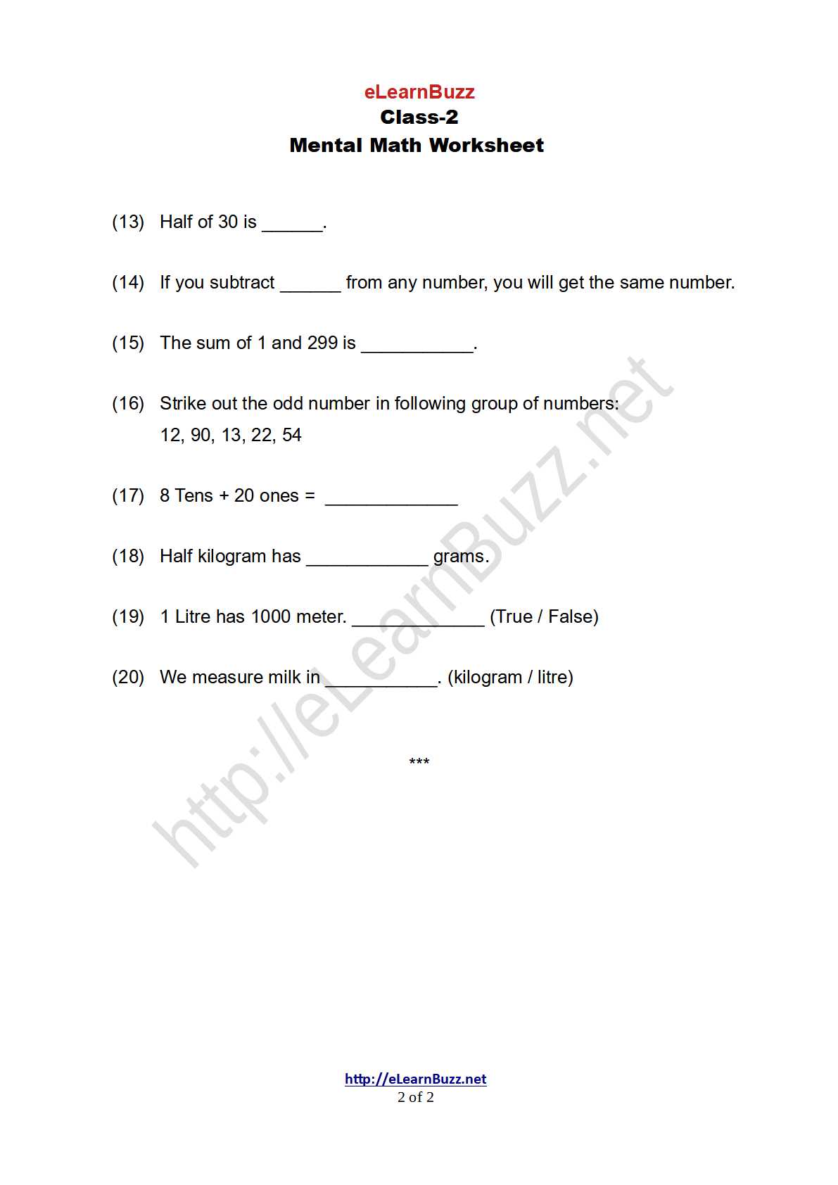 Mental Math Worksheet for Class2 (Set2) eLearnBuzz