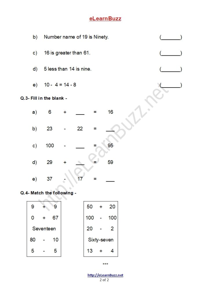 Worksheet on Mental Math for Class 1 Kids (Set3) eLearnBuzz