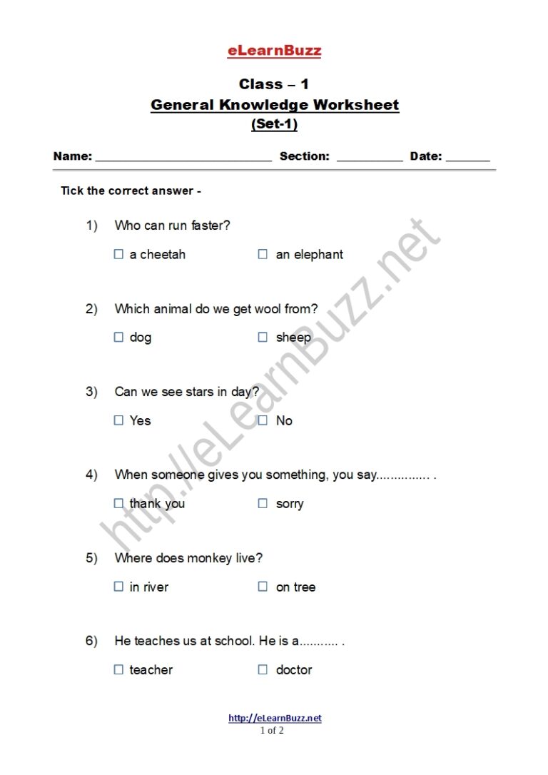 General Knowledge Worksheet for Class 1 (Set 1) eLearnBuzz