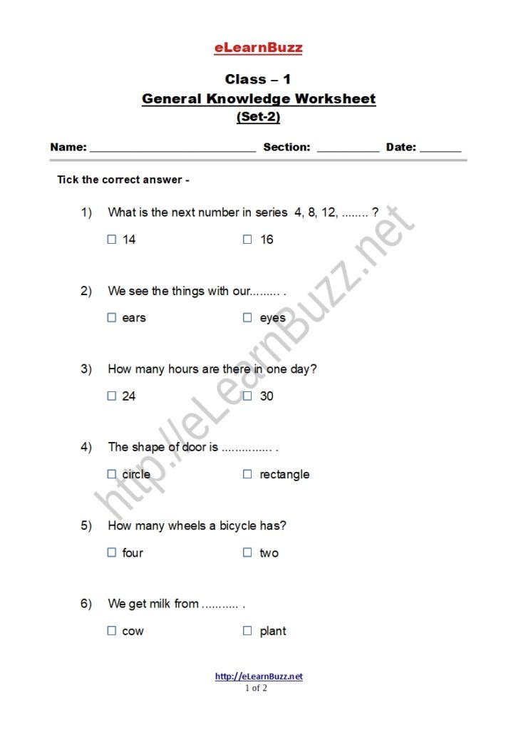 General Knowledge Worksheet for Class 1 (Set 2) eLearnBuzz