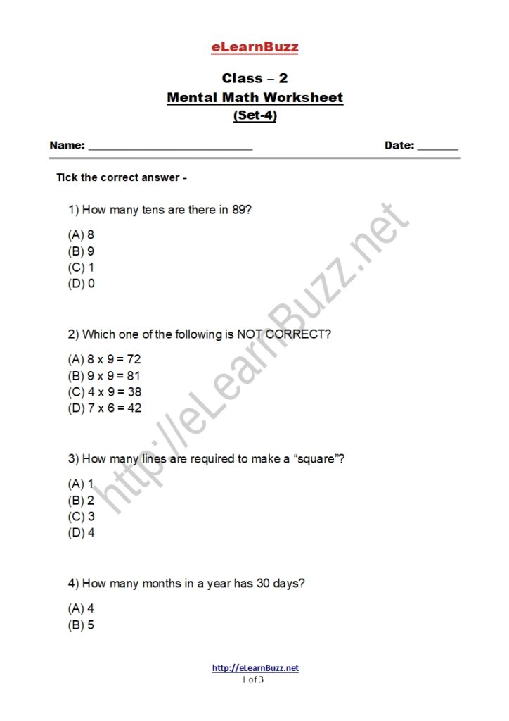 Mental Math Worksheet for Class 2 (Set4) eLearnBuzz