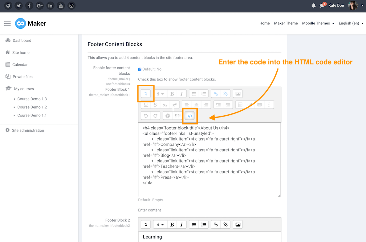 Moodle Theme Maker Useful HTML code for the footer content blocks eLearning Themes
