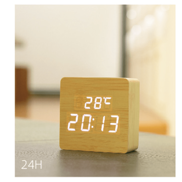 Creative LED Wood Clock Silent Night Light Calendar Temperature Bedside