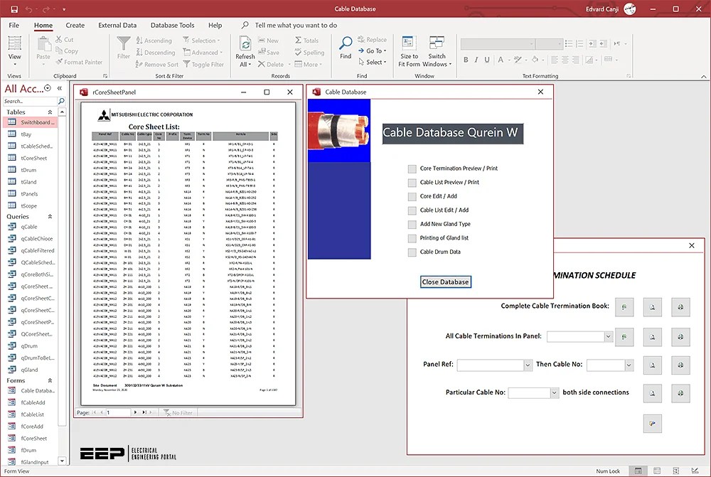 Cables Database tool for design of cables connections, laying and