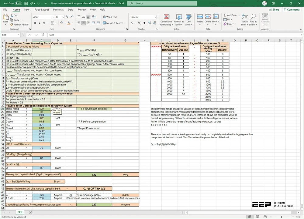Power factor correction calculations for power system