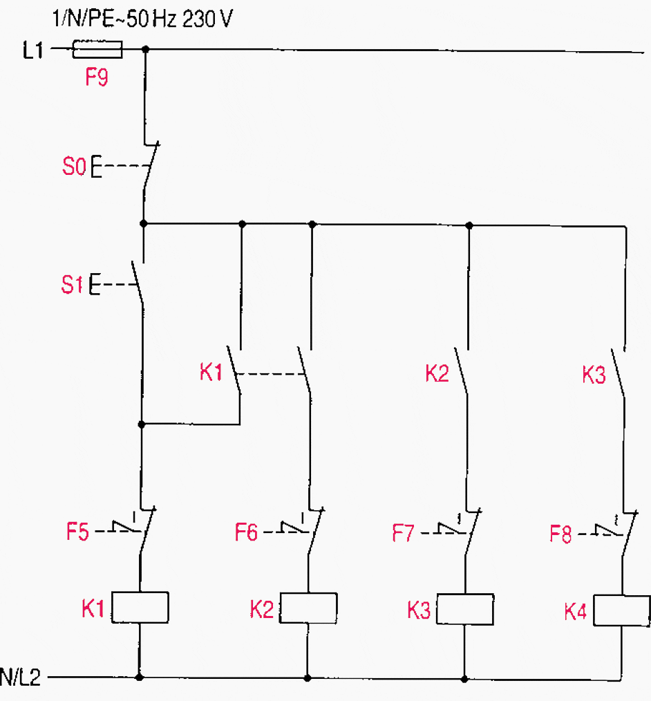 Main and auxiliary circuit diagrams of switching threephase motors via