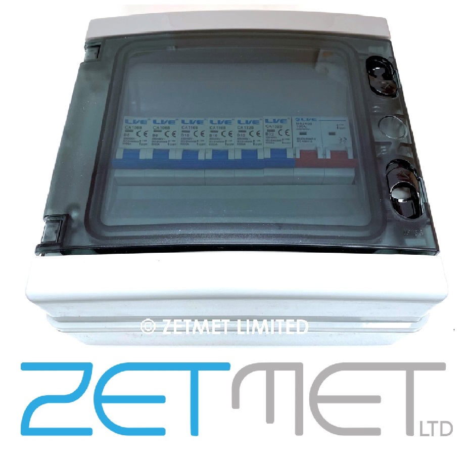 Live Electrical IP65 8 Way Populated 100A Plastic Garage Consumer Unit