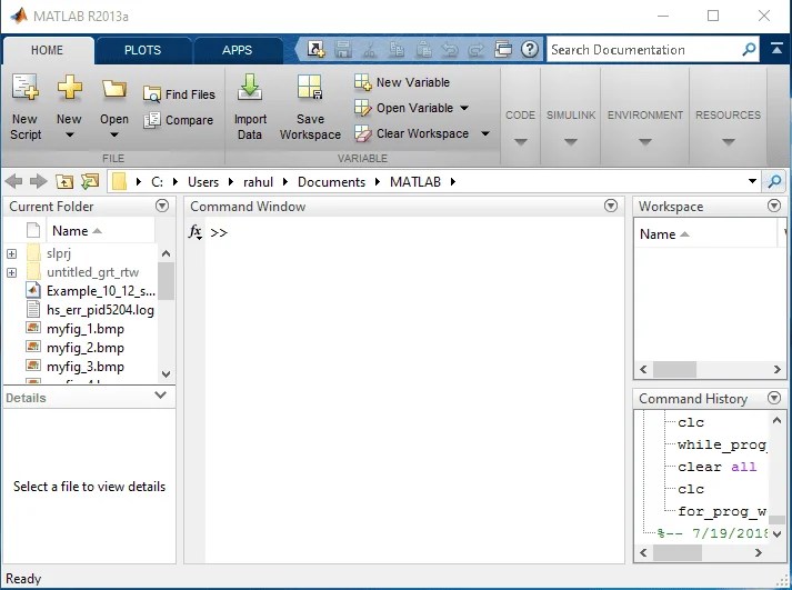 MATLAB Let’s Start Window, Command History, Workspace