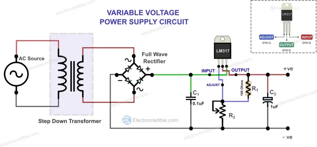 DIY DC Variable Voltage Regulator (LM317, LM337)- Circuit Diagram