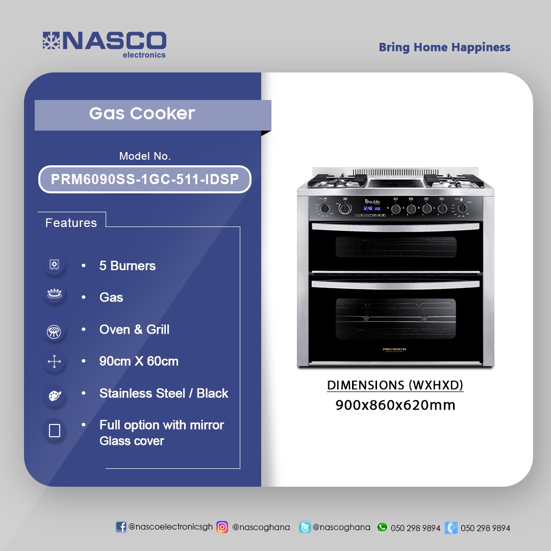 NASCO 5 BURNER GAS COOKER WITH OVEN & GRILL PRM6090SS1GC511IDSP