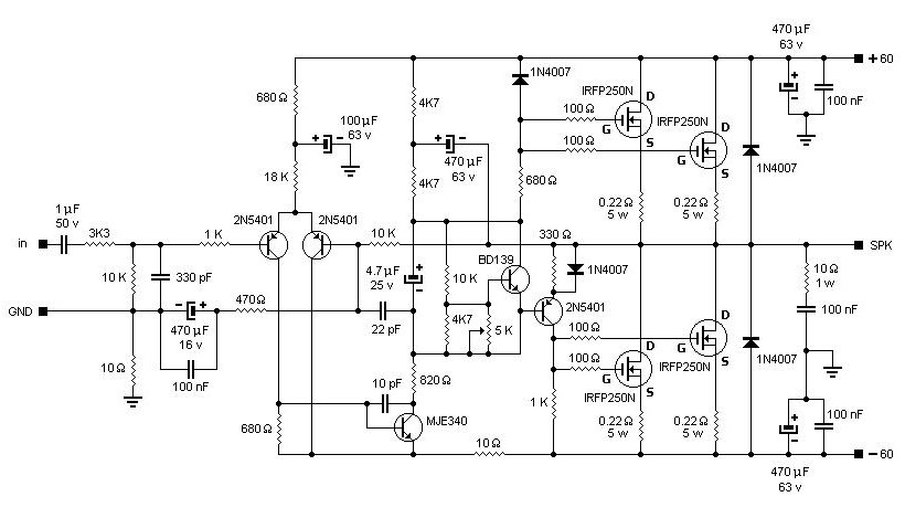 200W MOSFET Amplifier based IRFP250N Circuit Design | Electronic