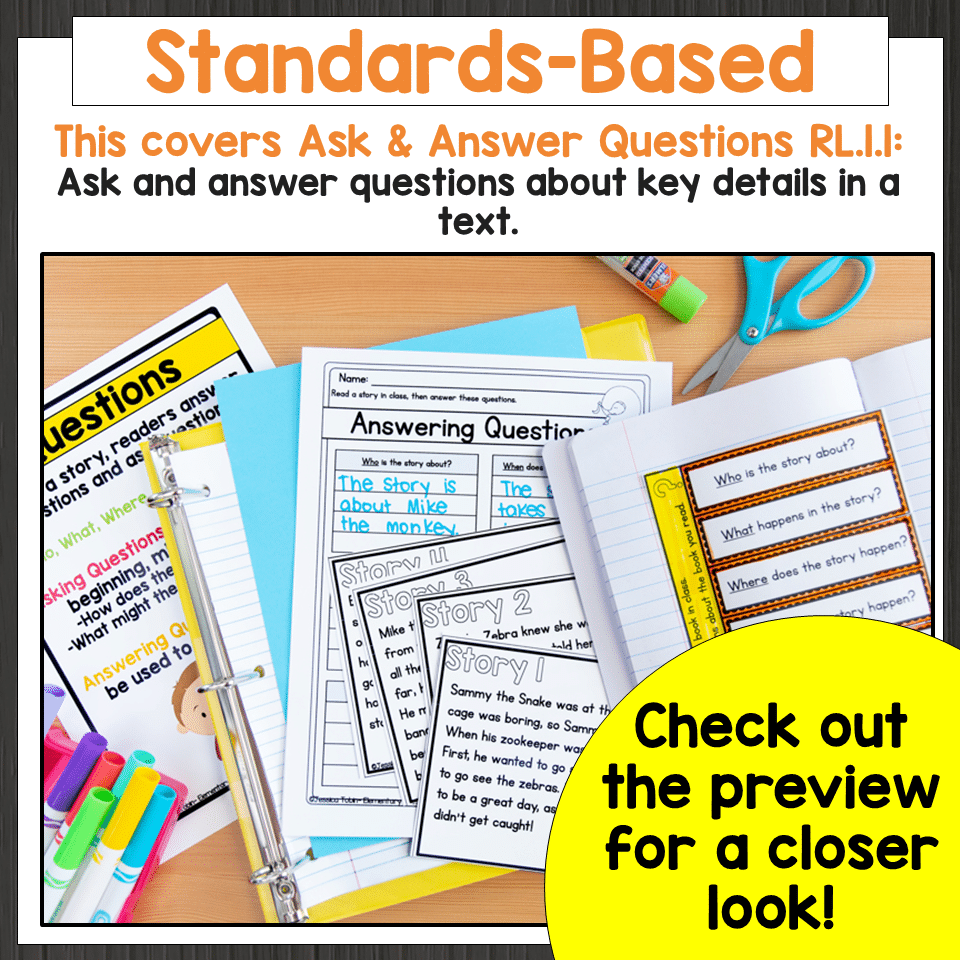 1st Grade Ask And Answer Questions RL.1.1 Worksheets & Charts