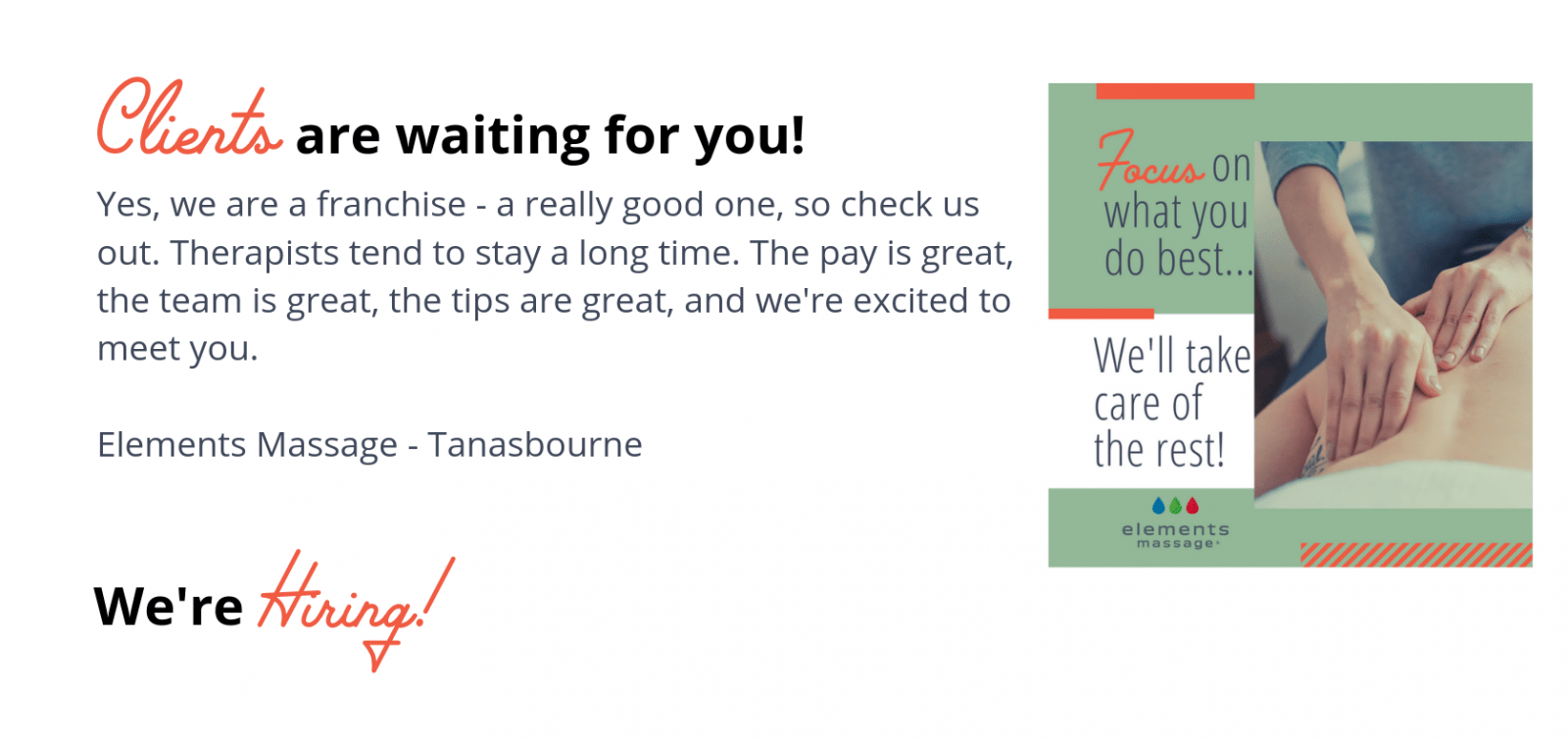 Now Hiring Massage Therapists at Elements Massage™ in Tanasbourne Job