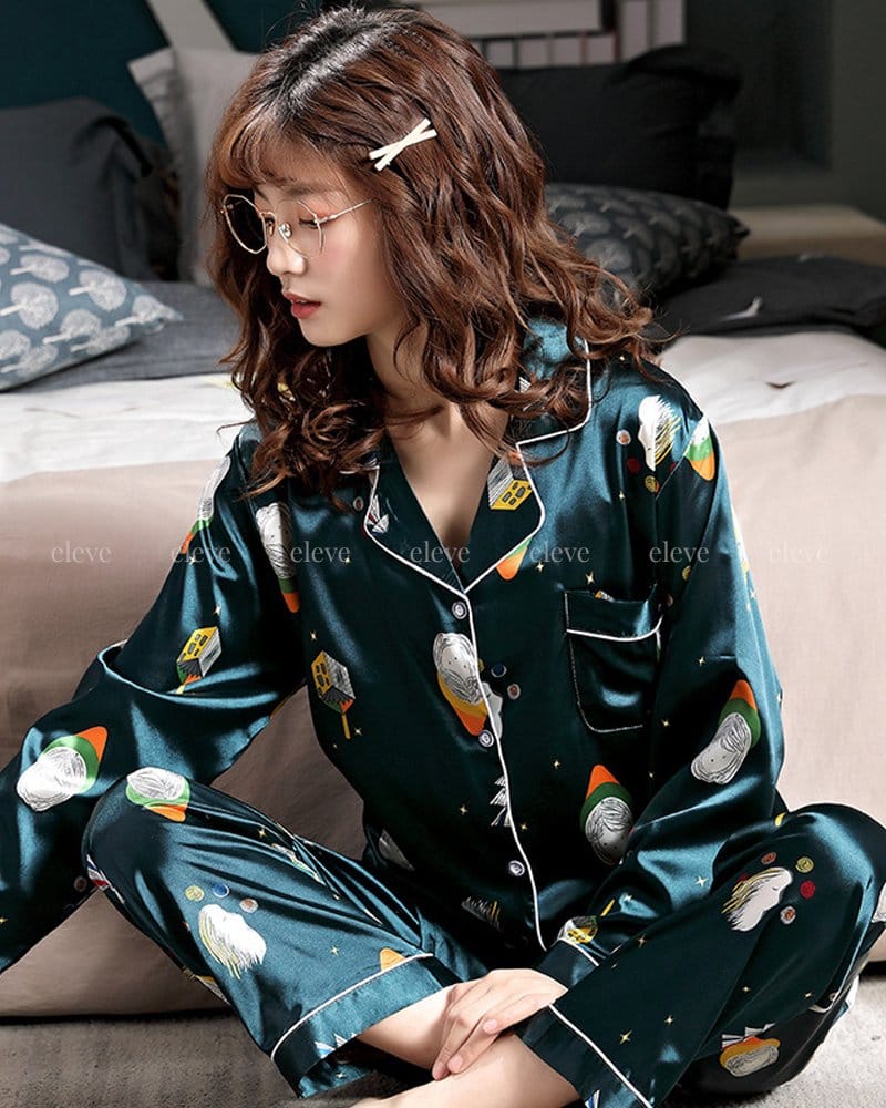 Buy Cartoon Print Dark Green Silk Pajama Set Online in Nepal.