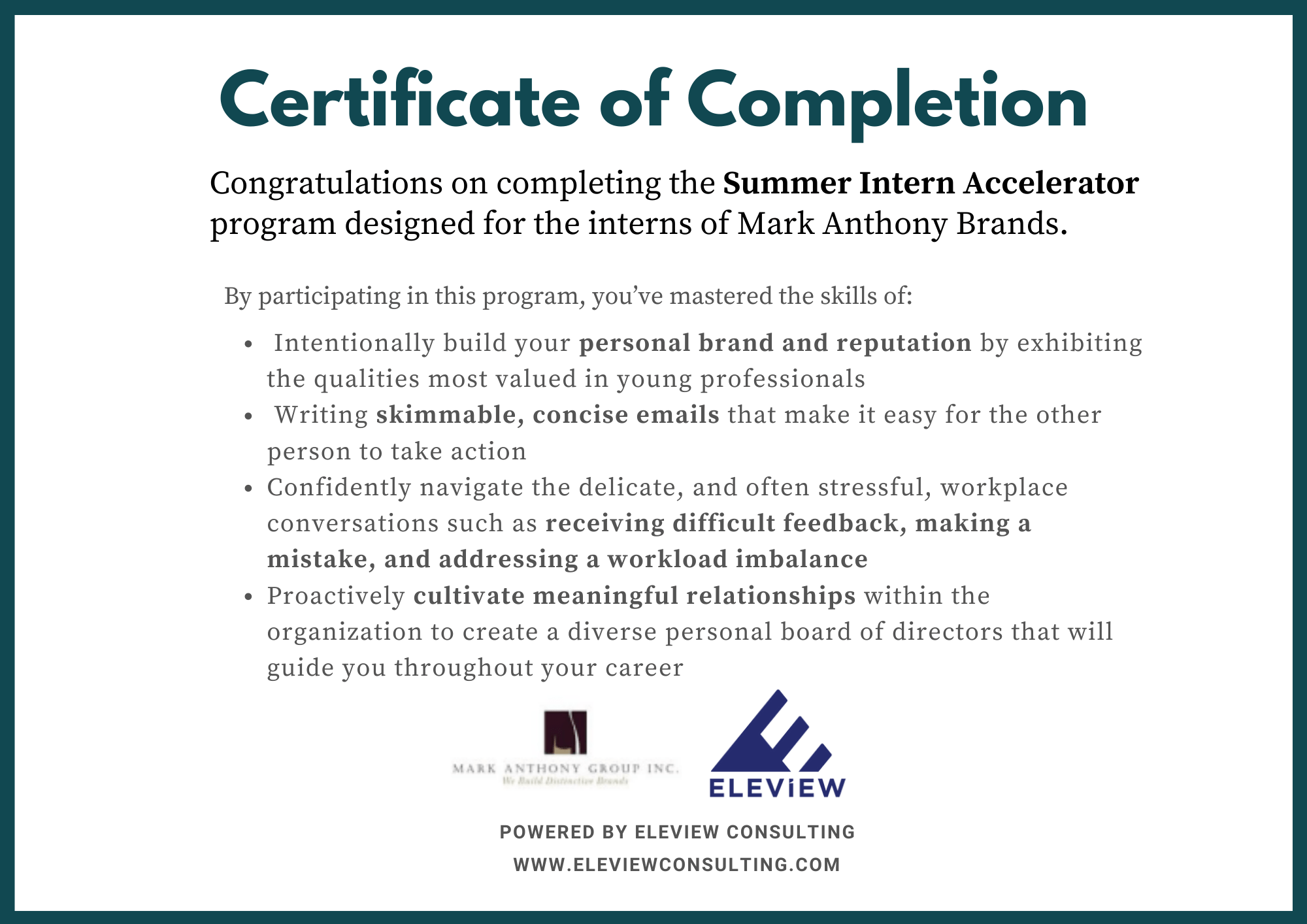 Mark Anthony Brands_2023_Summer Intern Accelerator Program_Certificate