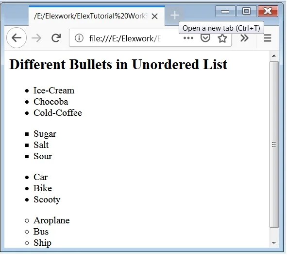 HTML Unordered List HTML ul
