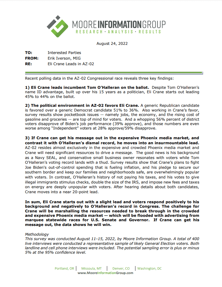 Latest Poll Eli Crane Leads O'Halleran in AZ02 Eli Crane for Congress