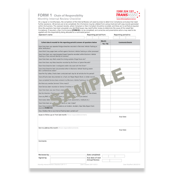 FORM 1 Monthly Internal Review Checklist Chain of Responsibility