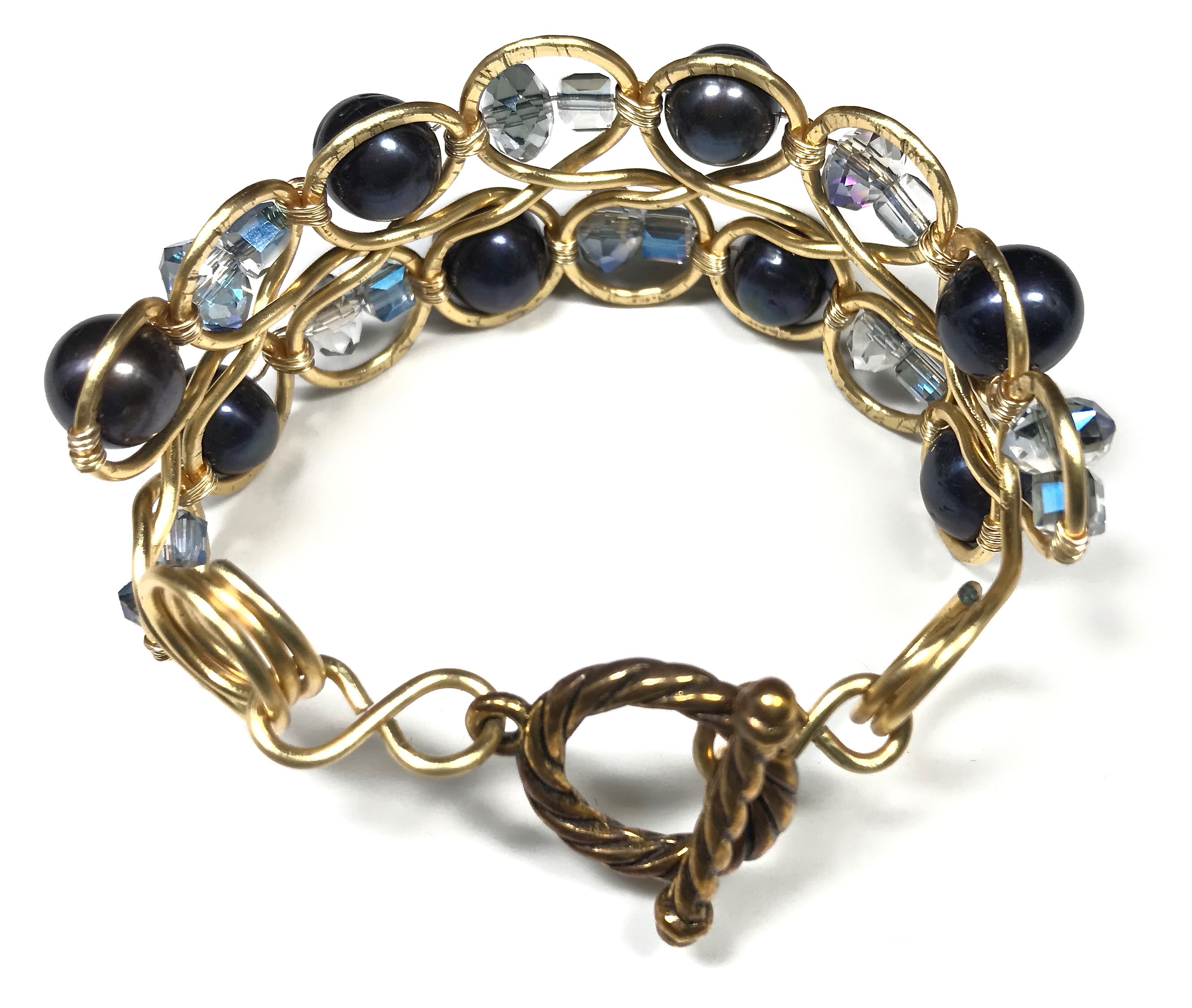 Blue & Gold Pearl & Crystal Infinity Loop Bracelet Elizabeth Lynn