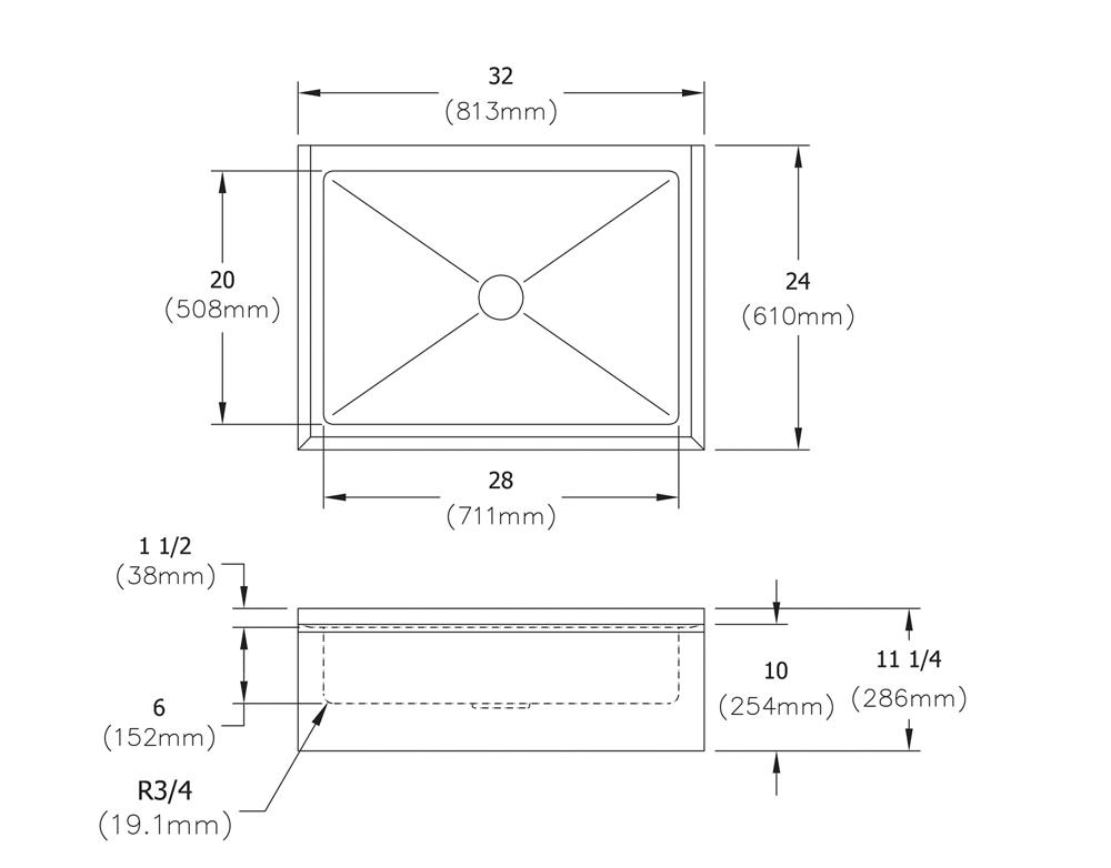 Elkay Mop Sink, 32X24 OA, 28X20X6, 16 GA Bowl 18 Skirt, 300 SS, NSF Elkay