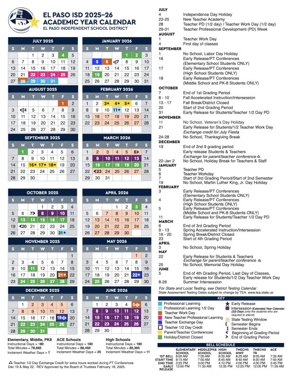 El Paso ISD 20252026 Academic Calendar Key Dates, Holidays, and