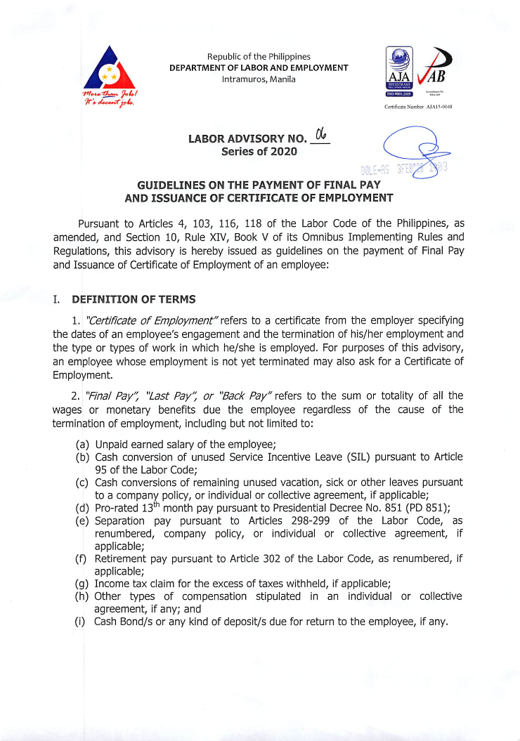 DOLE Issues Guidelines on the Payment of Final Pay and Issuance of