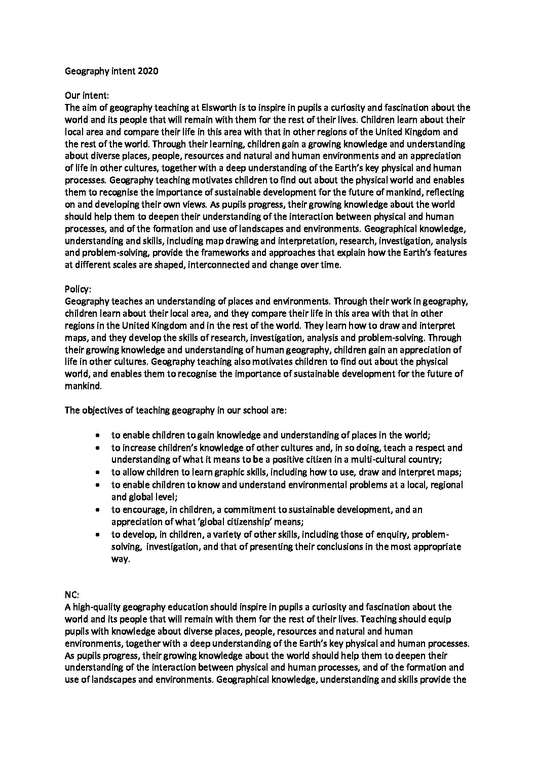 Statement of Intent for Geography Elsworth Primary School