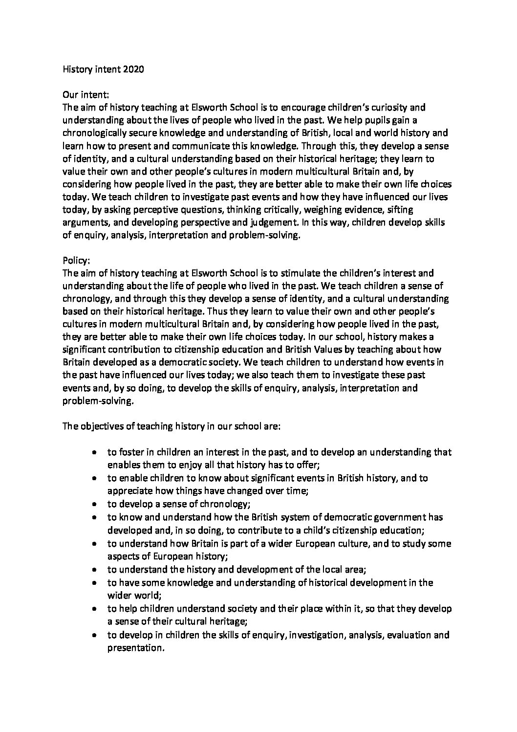 Statement of Intent for History Elsworth Primary School