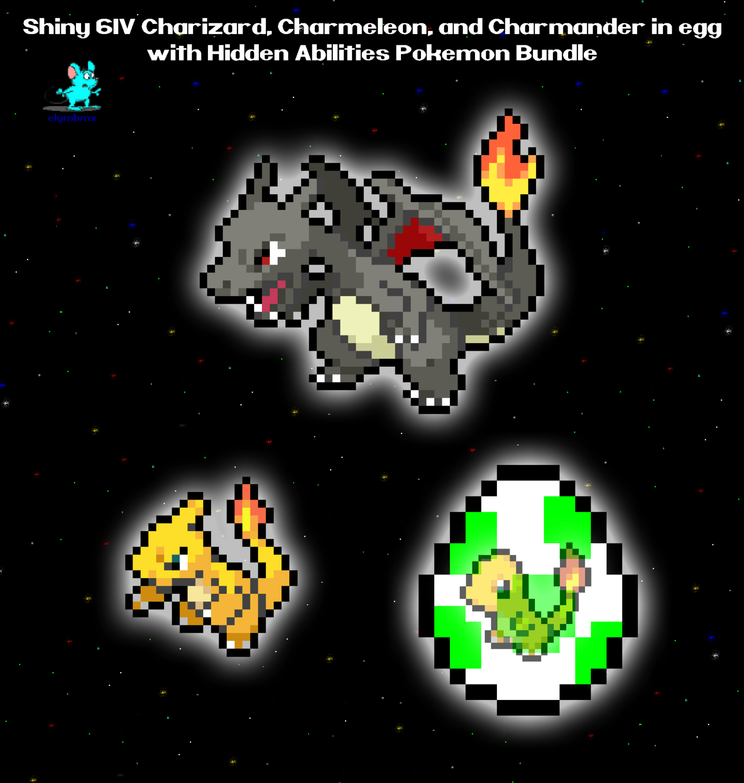 Shiny 6IV Charizard, Charmeleon, Charmander in egg Bundle for Pokemon