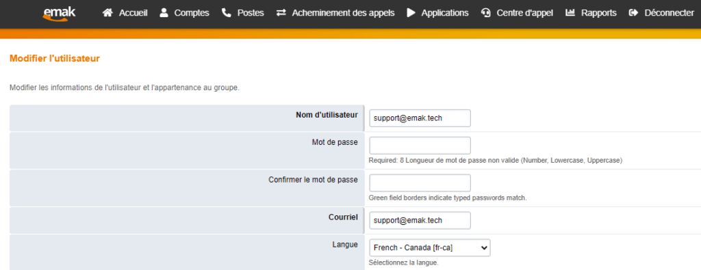 Comment changer le mot de passe du compte utilisateur EMAK