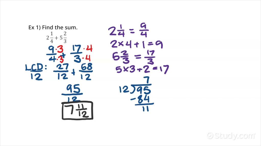 Adding or Subtracting Mixed Numbers by Finding Common Denominators