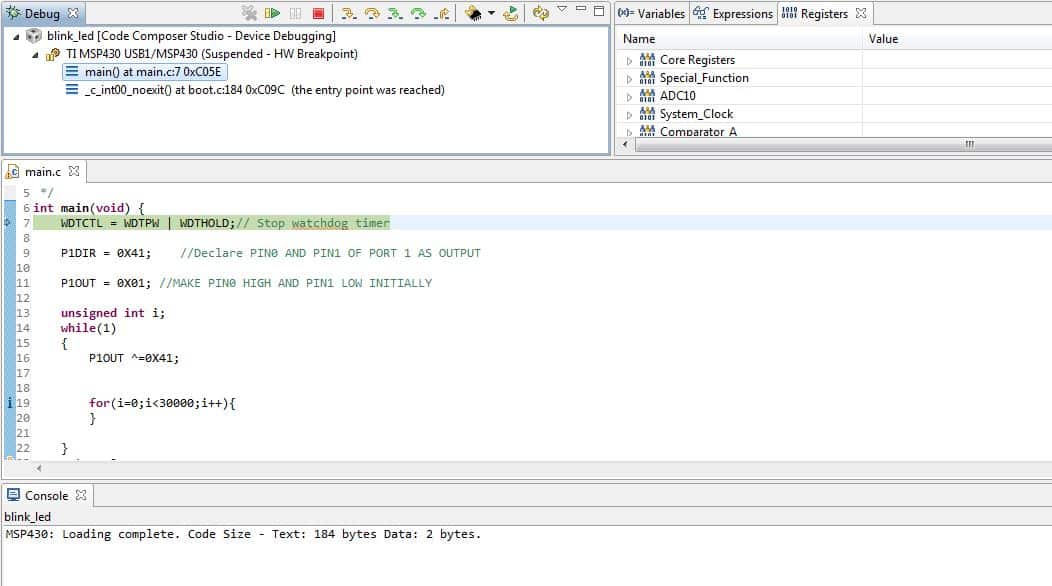 Blinking the LED with MSP430 Embedds