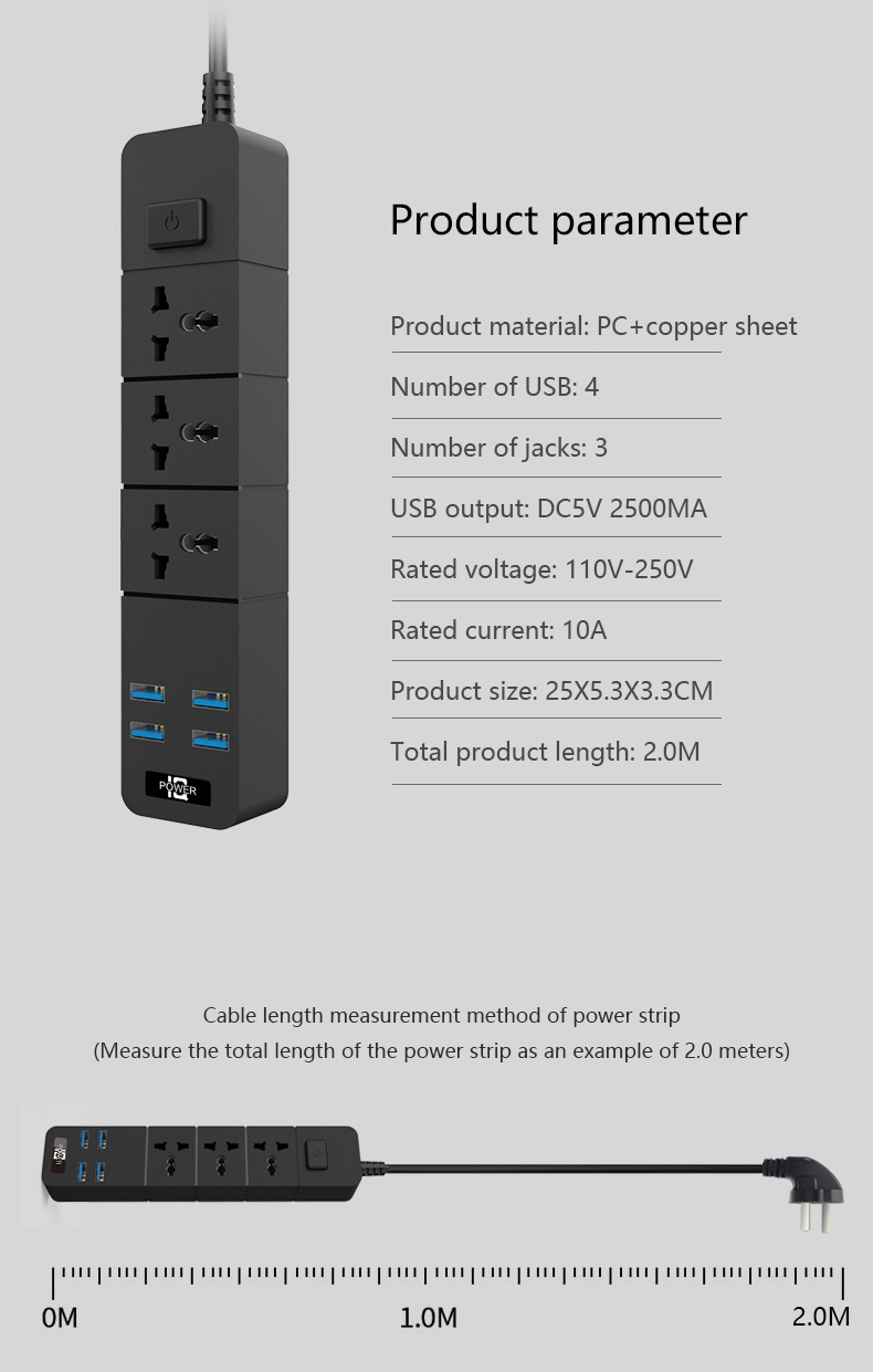 Extension Boards with USB Port 3 Outlets and 4 USB Ports, Universal