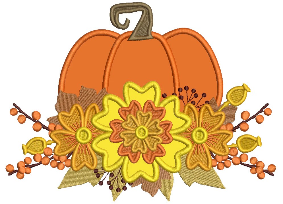 Pumpkin With Fall Flowers Applique Machine Embroidery Design Digitized