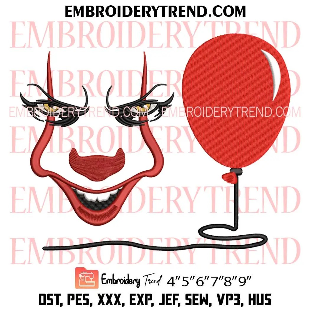 Pennywise Face Balloon Embroidery Design, Halloween Horror Machine